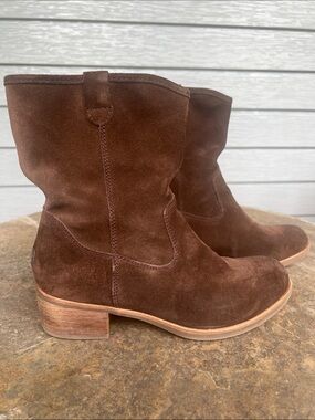 UGG Brown “Rioni” Suede Ankle Booties with Low Stacked Heel
